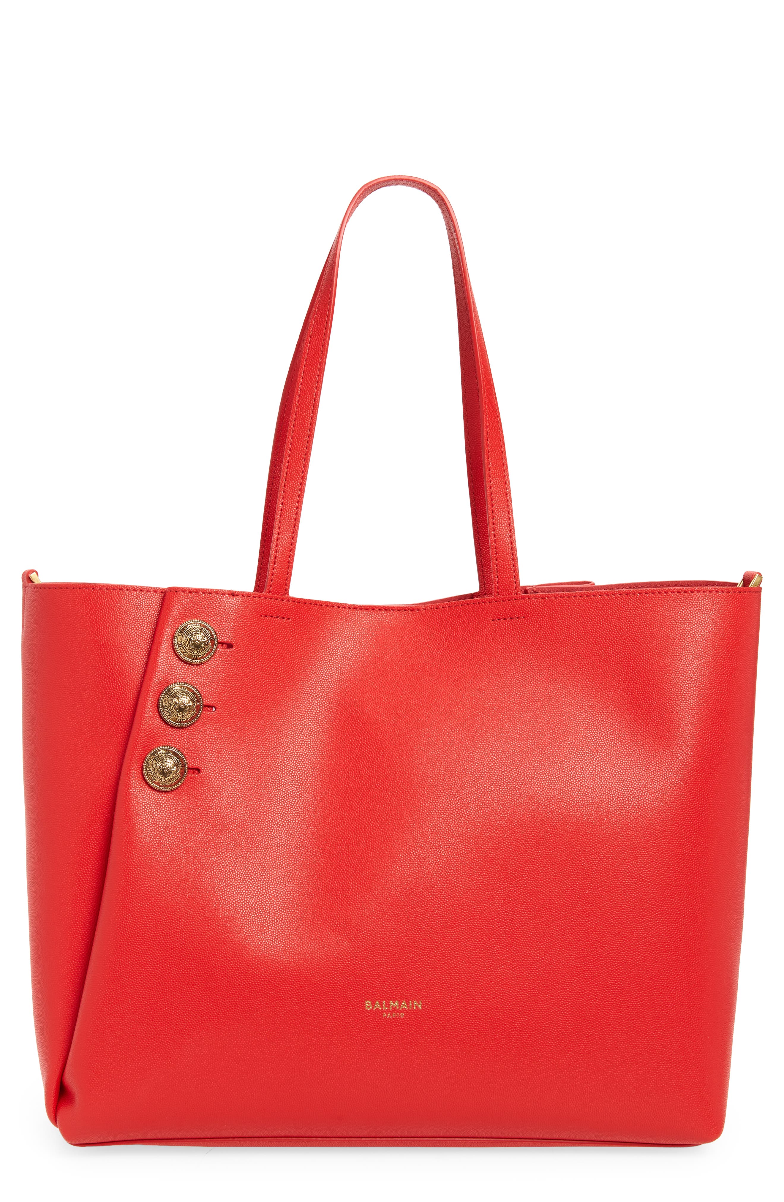 Balmain Emblem Crest Button Calfskin Shopper, Main, color, 3Kb Bright Red