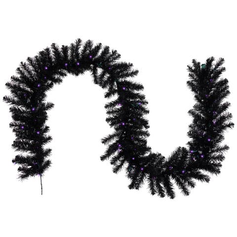 Pre-Lit Black Crystal Pine Artificial Halloween Garland - 9' x 12" - LED Purple