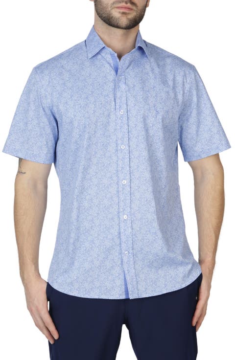 Swirl Print Cotton Poplin Short Sleeve Button-Up Shirt