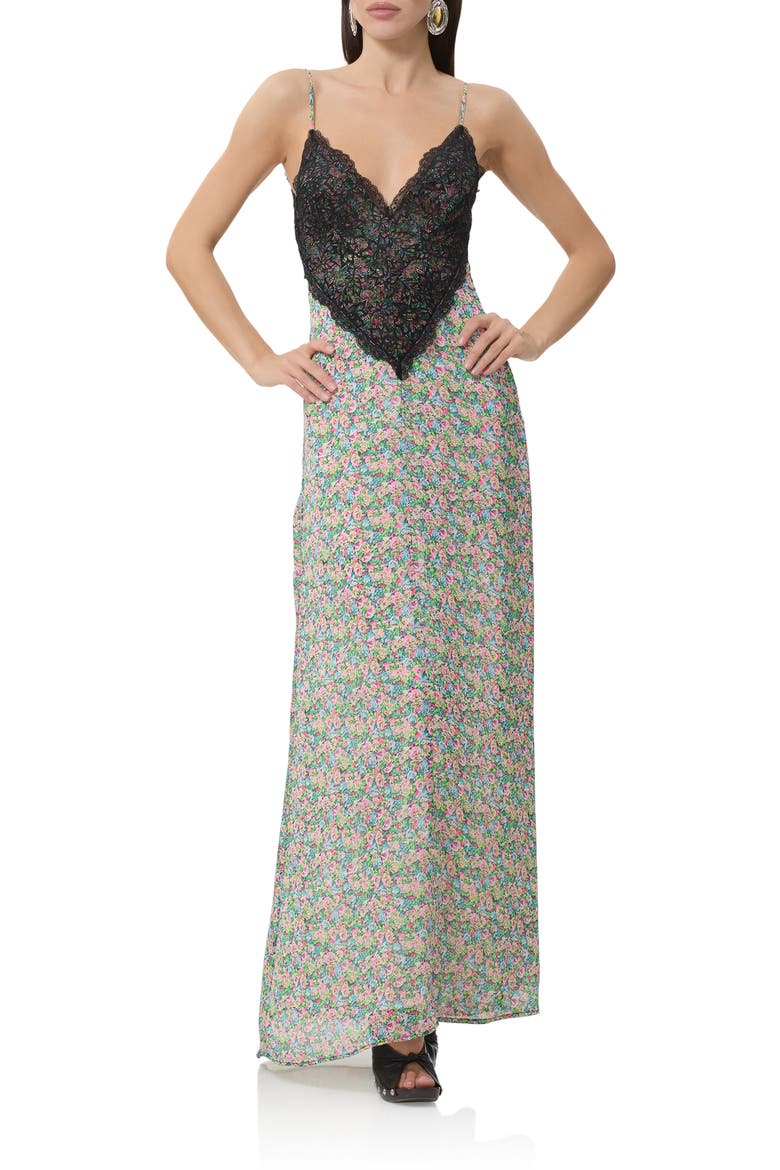 lace inset maxi dress self-portrait - Brown Satin Lace Insert Maxi Dress