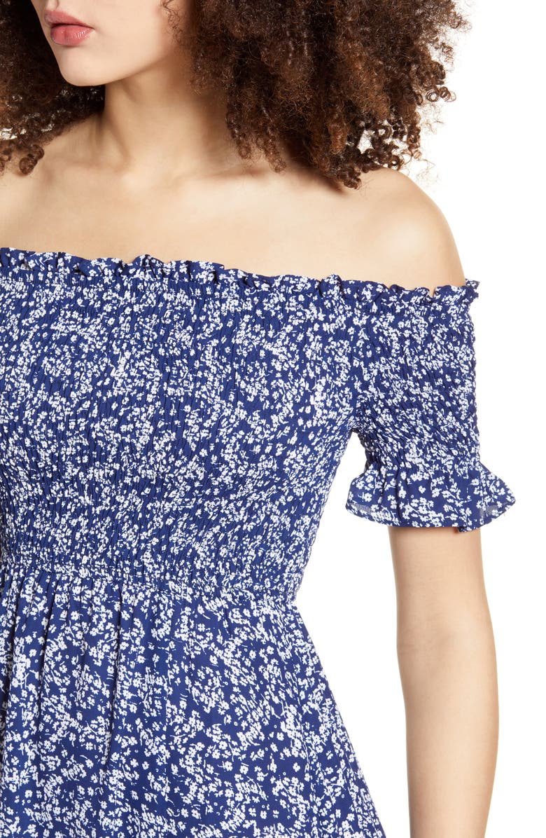 Lulus Fleur-tation Off the Shoulder High/Low Dress, Alternate, color, Navy/ White