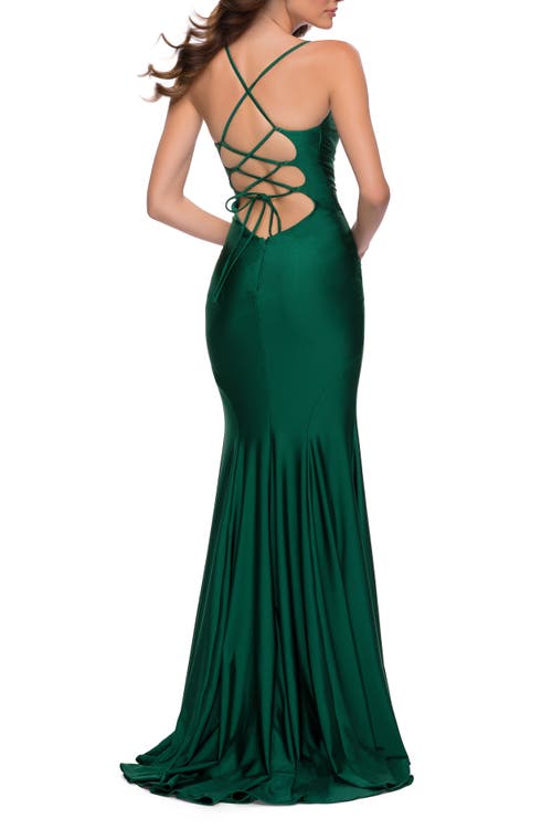 La Femme V Neck Jersey Fitted Prom Dress With Tie Up Back