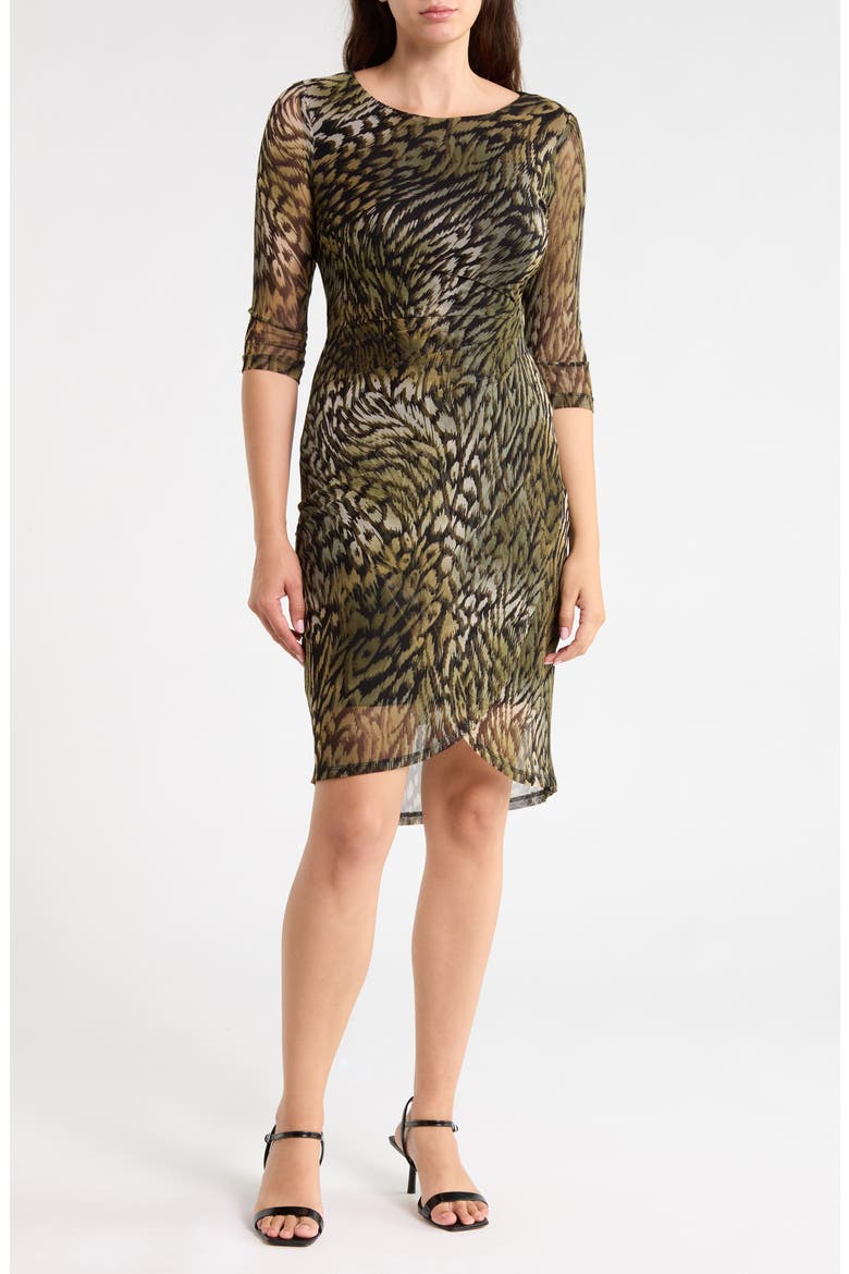 Three-Quarter Sleeve Mesh Faux Wrap Dress, Main, color, LODEN