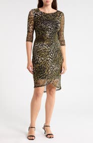 Connected Apparel Three-Quarter Sleeve Mesh Faux Wrap Dress