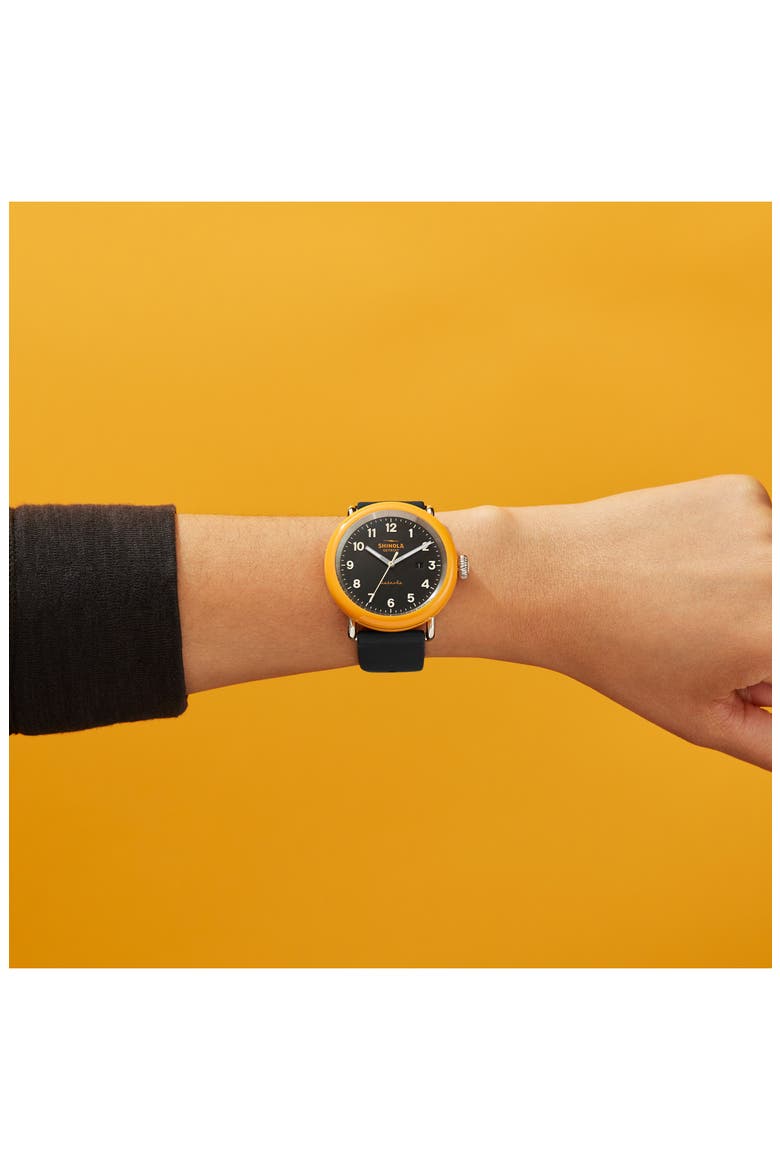 Detrola No.2 Silicone Strap Watch, 43mm, Alternate, color, BLACK/ ORANGE/ SILVER