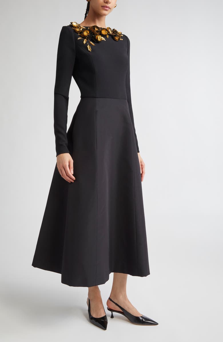 Carolina Herrera Floral Embellished Long Sleeve Midi Dress, Main, color, Black Multi