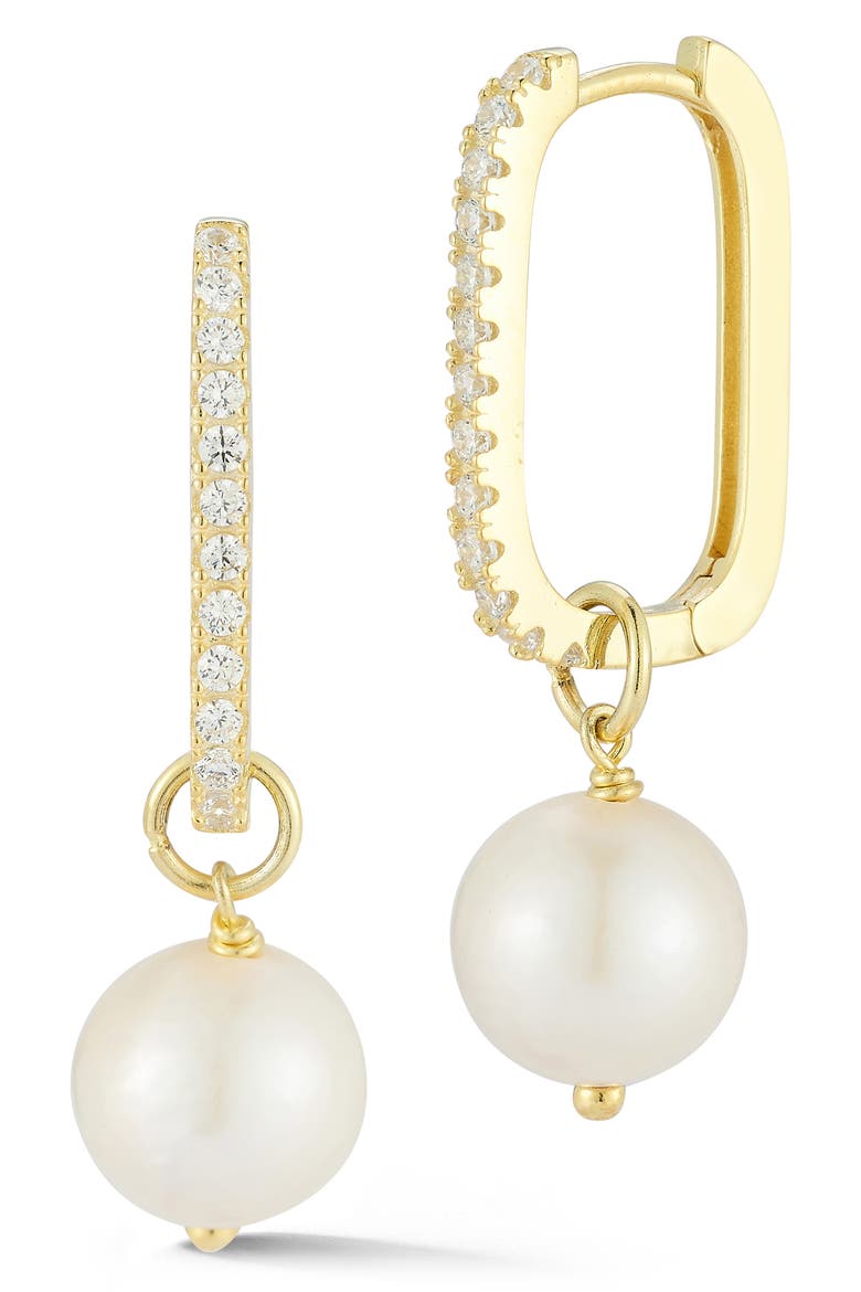 Cubic Zirconia Cultured Pearl Drop Oval Hoop Earrings, Main, color, GOLD