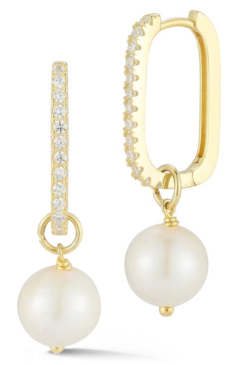 14K Gold Plated Sterling Silver Pavé CZ 9–9.5mm Cultured Pearl Drop Huggie Hoop Earrings