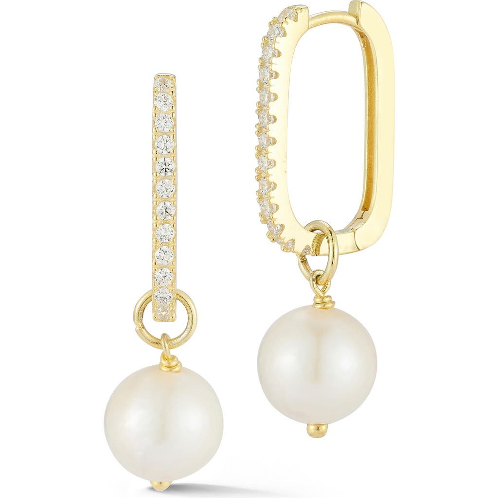 Sphera Milano 14k Gold Plated Sterling Silver Pavé Cz 9–9.5mm Cultured Pearl Drop Huggie Hoop Earrin In Gold