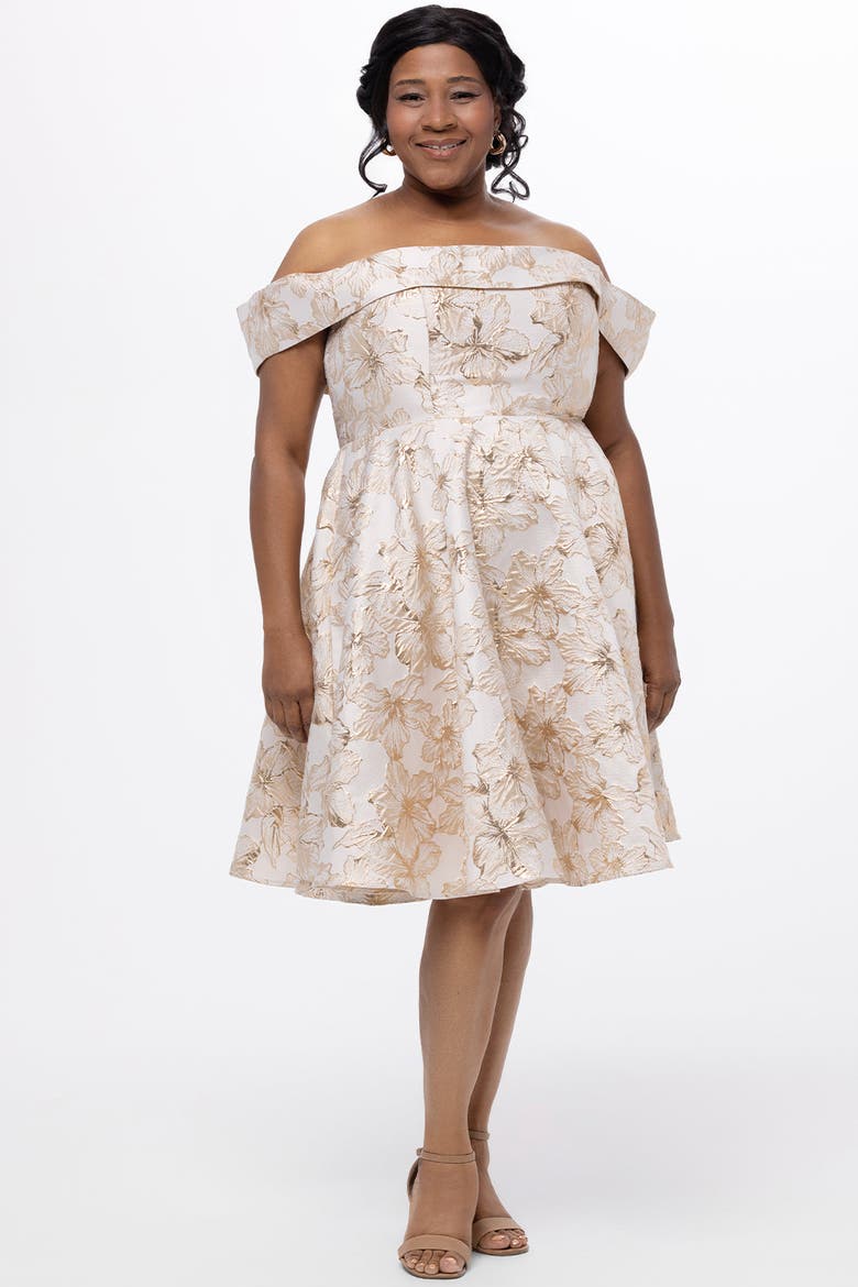 Off-The-Shoulder Brocaade Plus Size Party Dress, Main, color, Gold Floral