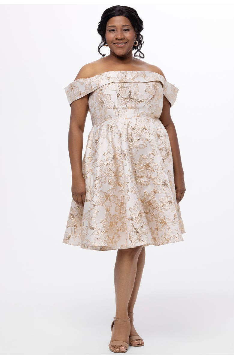 Celebrations by Sydney's Closet Off-The-Shoulder Brocaade Plus Size Party Dress, Main, color, Gold Floral