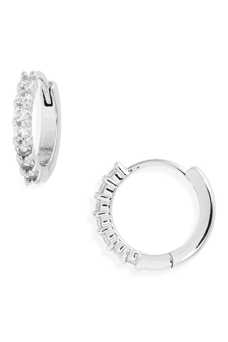 Crystal Huggie Hoop Earrings, Main, color, CLEAR- SILVER