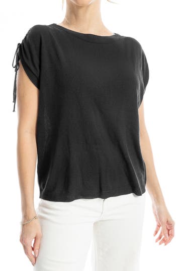 Max Studio Ruched Shoulder Short Sleeve Knit Sweater In Black