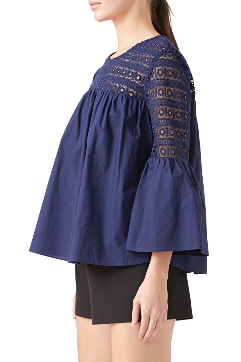 Bell Sleeve Lace Poplin Blouse, Alternate, color, NAVY