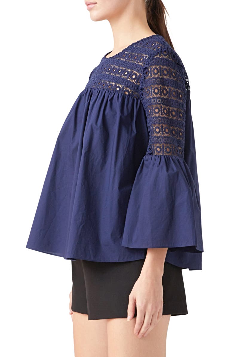 Endless Rose Bell Sleeve Lace Poplin Blouse, Alternate, color, Navy