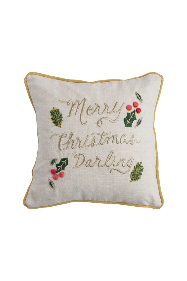 Cotton Slub Printed Pillow with Hand-Embroidery, Pom Poms, Multicolor, Main, color, Multicolor
