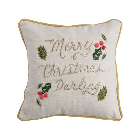 Cotton Slub Printed Pillow with Hand-Embroidery, Pom Poms, Multicolor