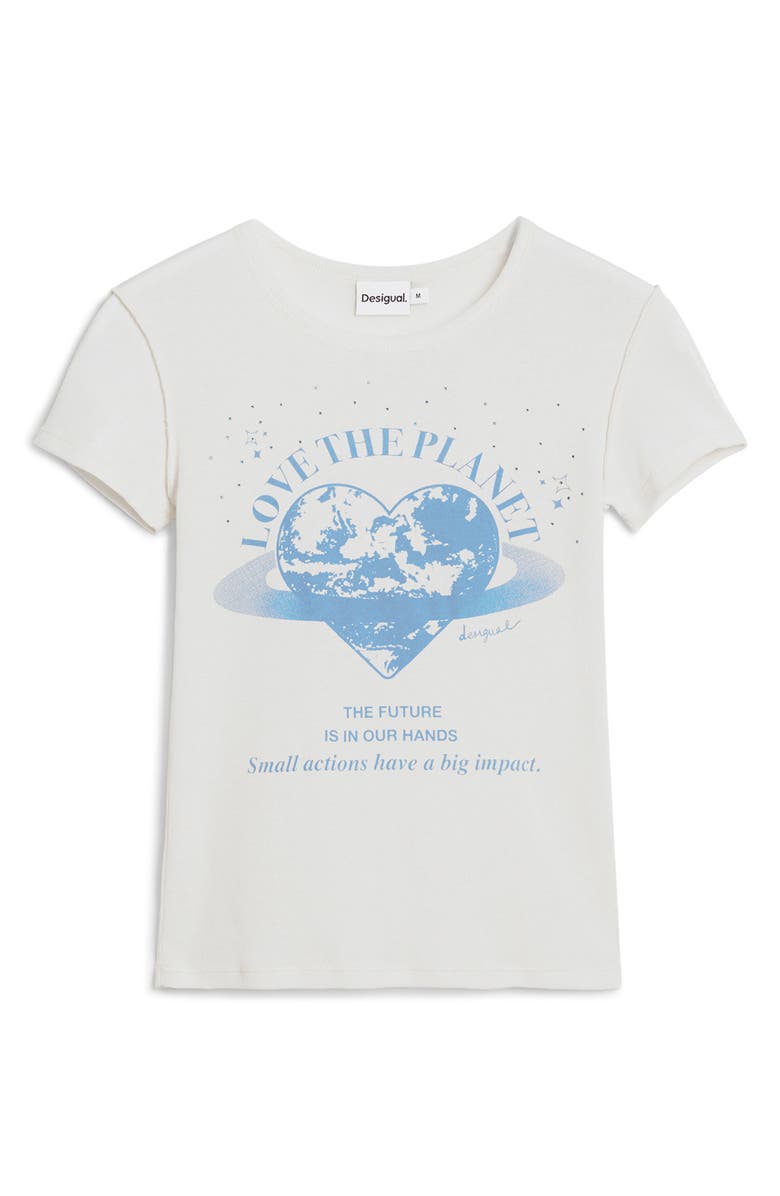 Desigual Love the Planet Embellished Cotton T-Shirt, Alternate, color, Off White/ Blue