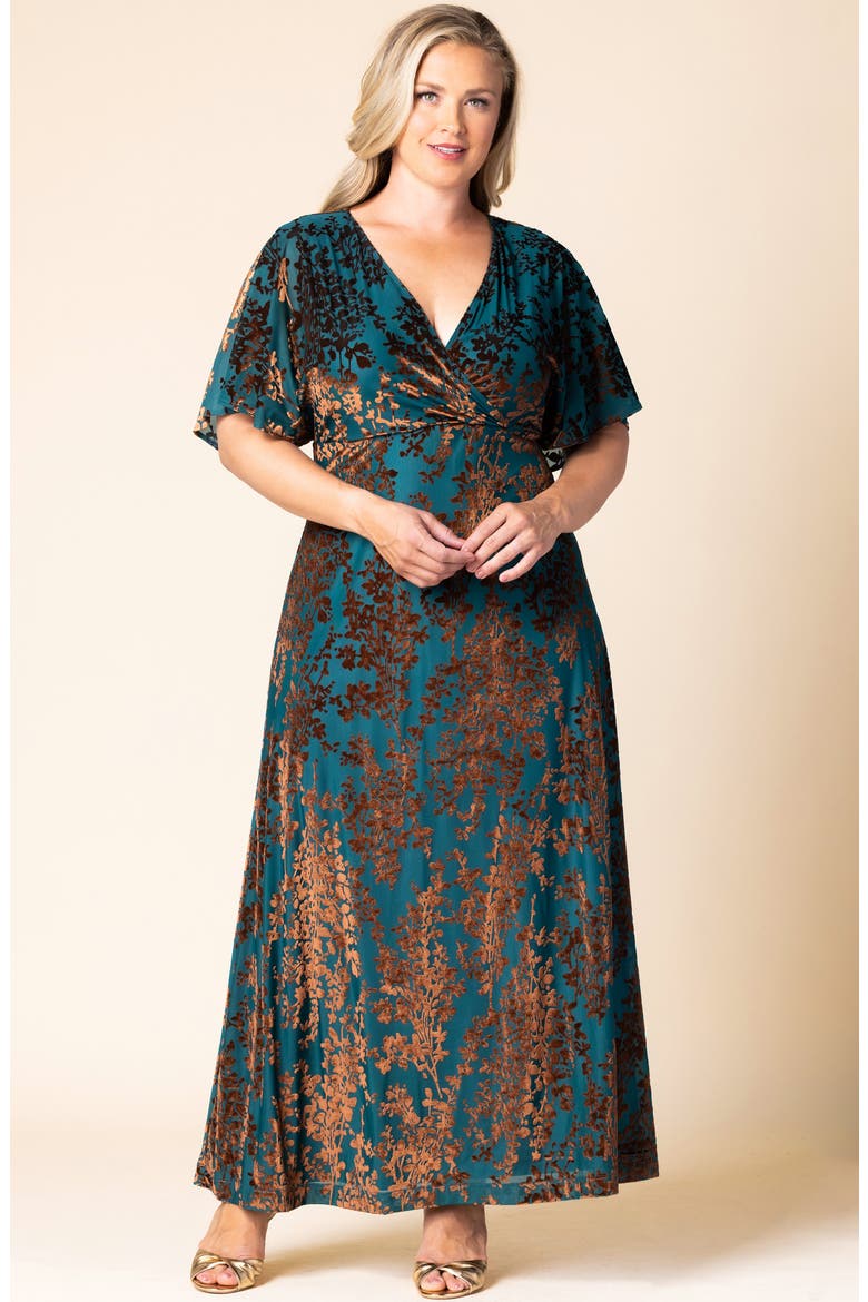 Twilight Velvet Burnout Evening Gown, Alternate, color, TEAL BURNISHED BRANCHES