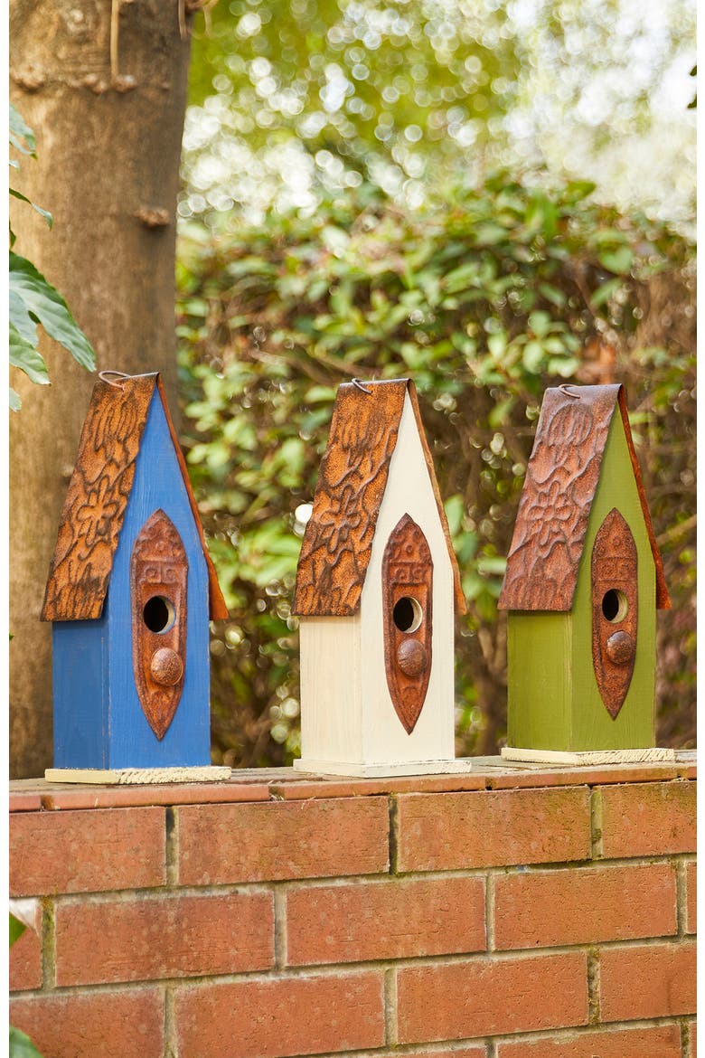 13.25"H Retro Wooden Distressed Garden Birdhouse, Alternate, color, Green
