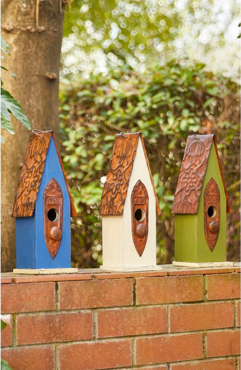 Glitzhome 13.25"H Retro Wooden Distressed Garden Birdhouse, Alternate, color, Green