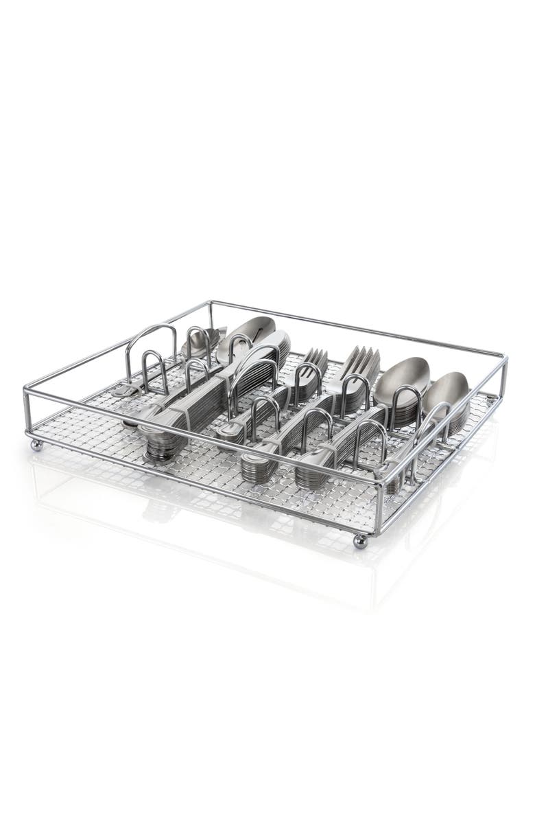 Gibson Home South Bay 65 Piece Stainless Steel Flatware Service Set with Wire Caddy, Alternate, color, Metallic Silver