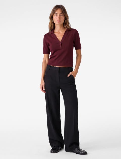 Short Sleeve Polo Knit Top With Buttoned Placket