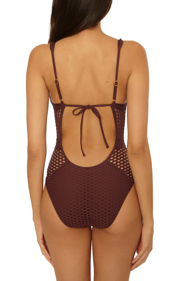 Becca Castaway Fishnet Plunge One-Piece Swimsuit, Alternate, color, Brown