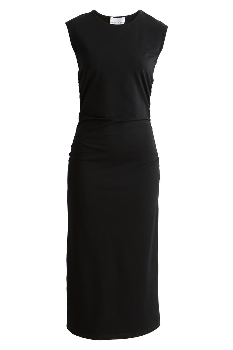 Ruched Sleeveless Stretch Cotton Midi Dress, Alternate, color, BLACK