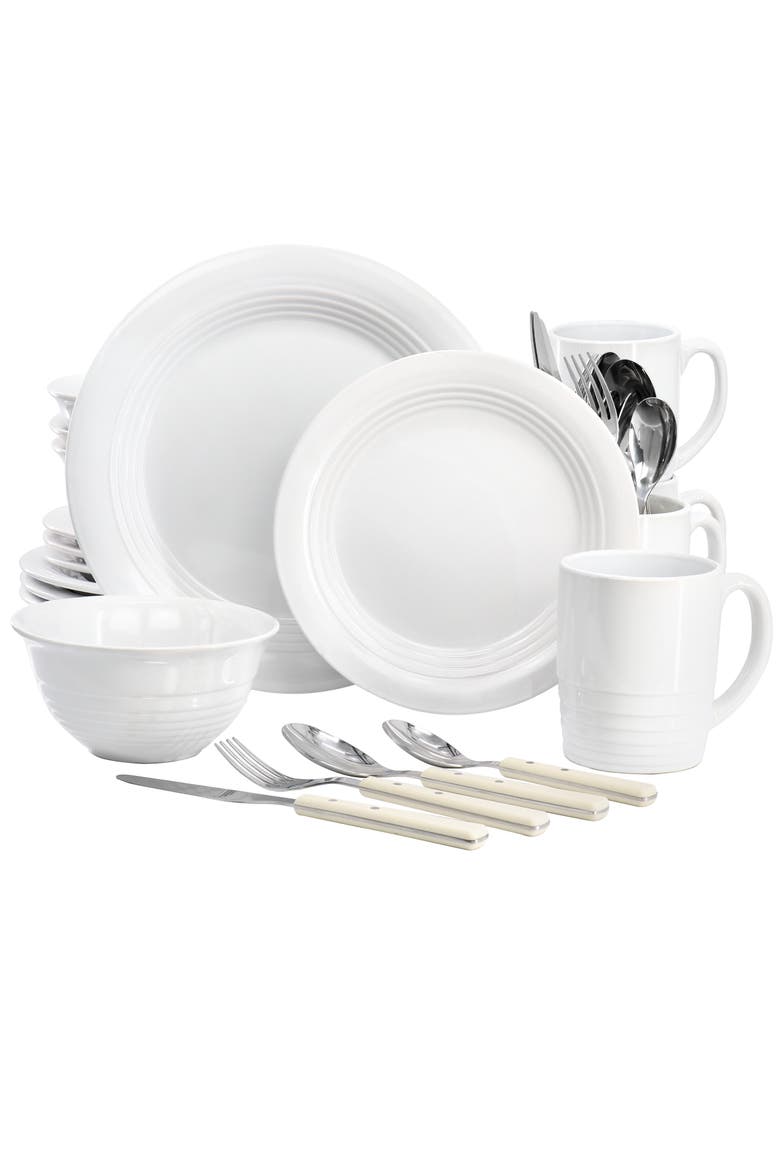 32 Piece Stoneware Dinnerware and Flatware Combo Set, Main, color, White