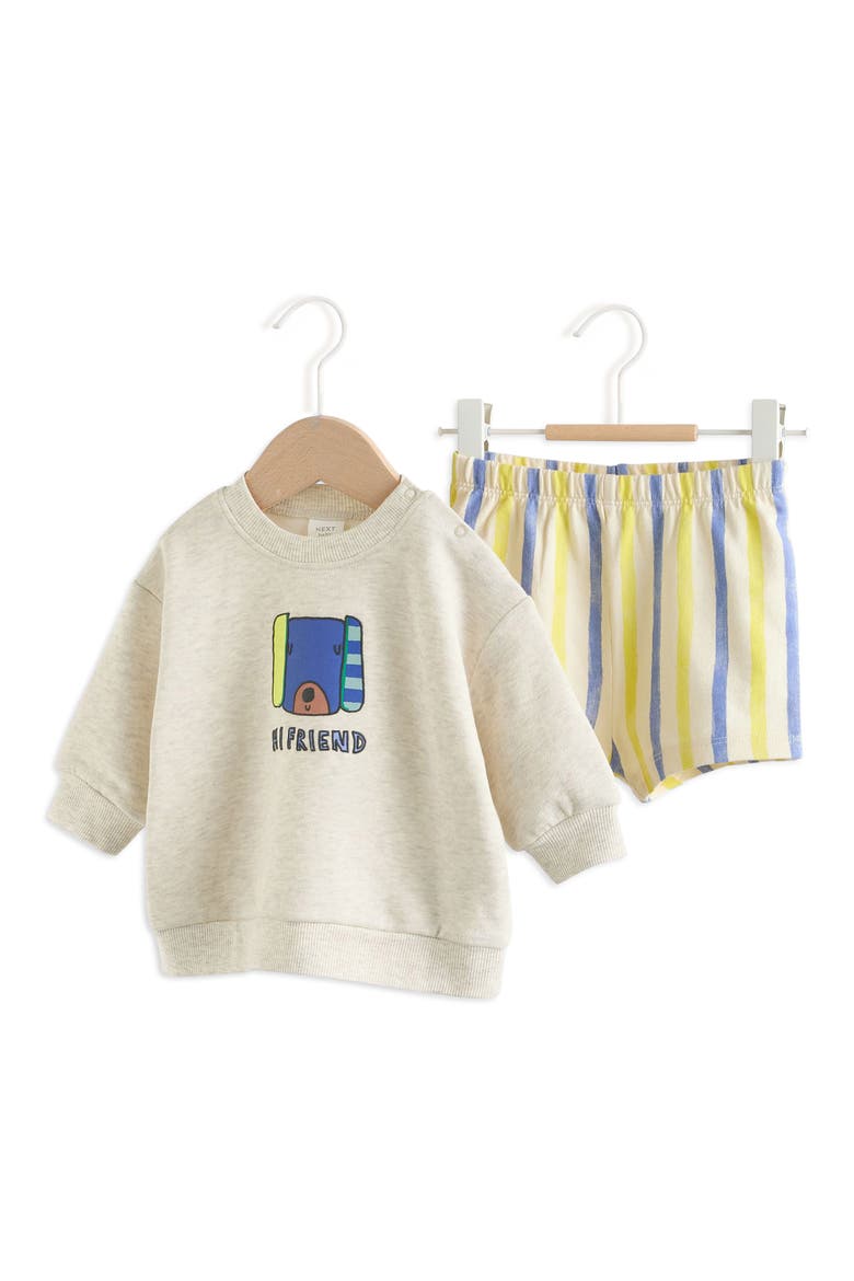 Hi Friend Graphic Sweater & Stripe Shorts Set, Main, color, GREY