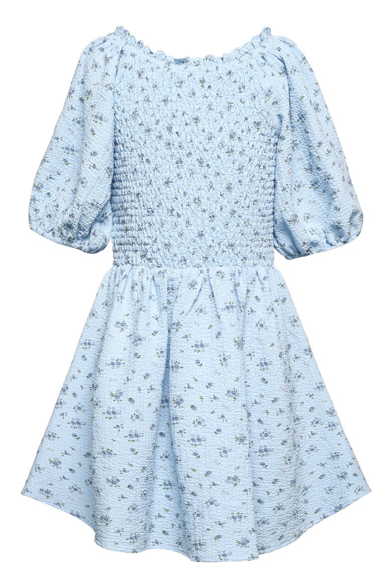 Truly Me Kids' Smocked Puff Sleeve Dress, Main, color, BLUE MULTI