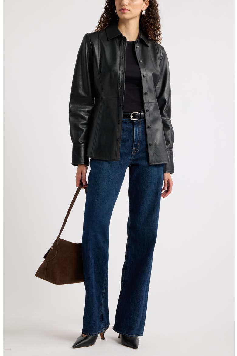 Waisted Leather Shirt, Alternate, color, BLACK