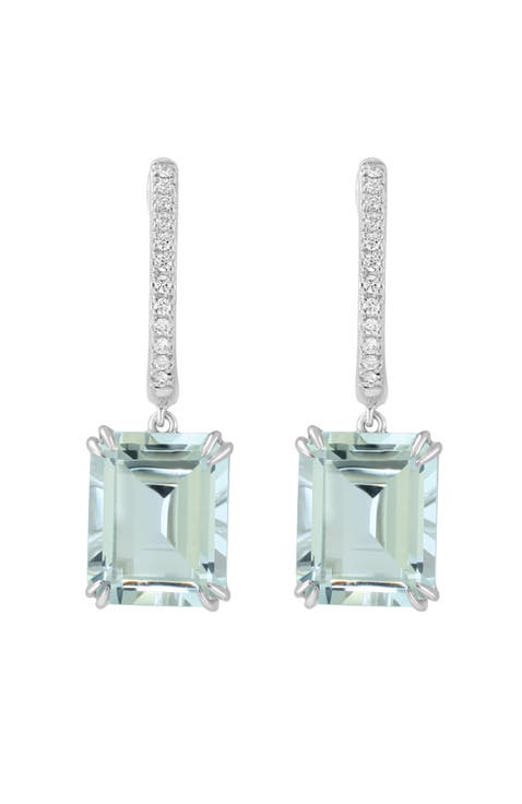 14K White Gold Emerald Cut White Topaz & Diamond Drop Earrings