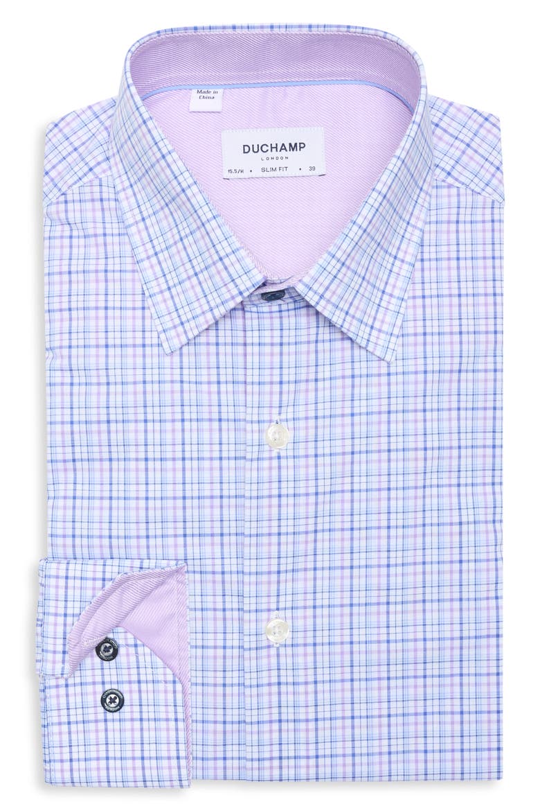 Slim Fit Plaid Stretch Cotton Dress Shirt, Alternate, color, PURPLE