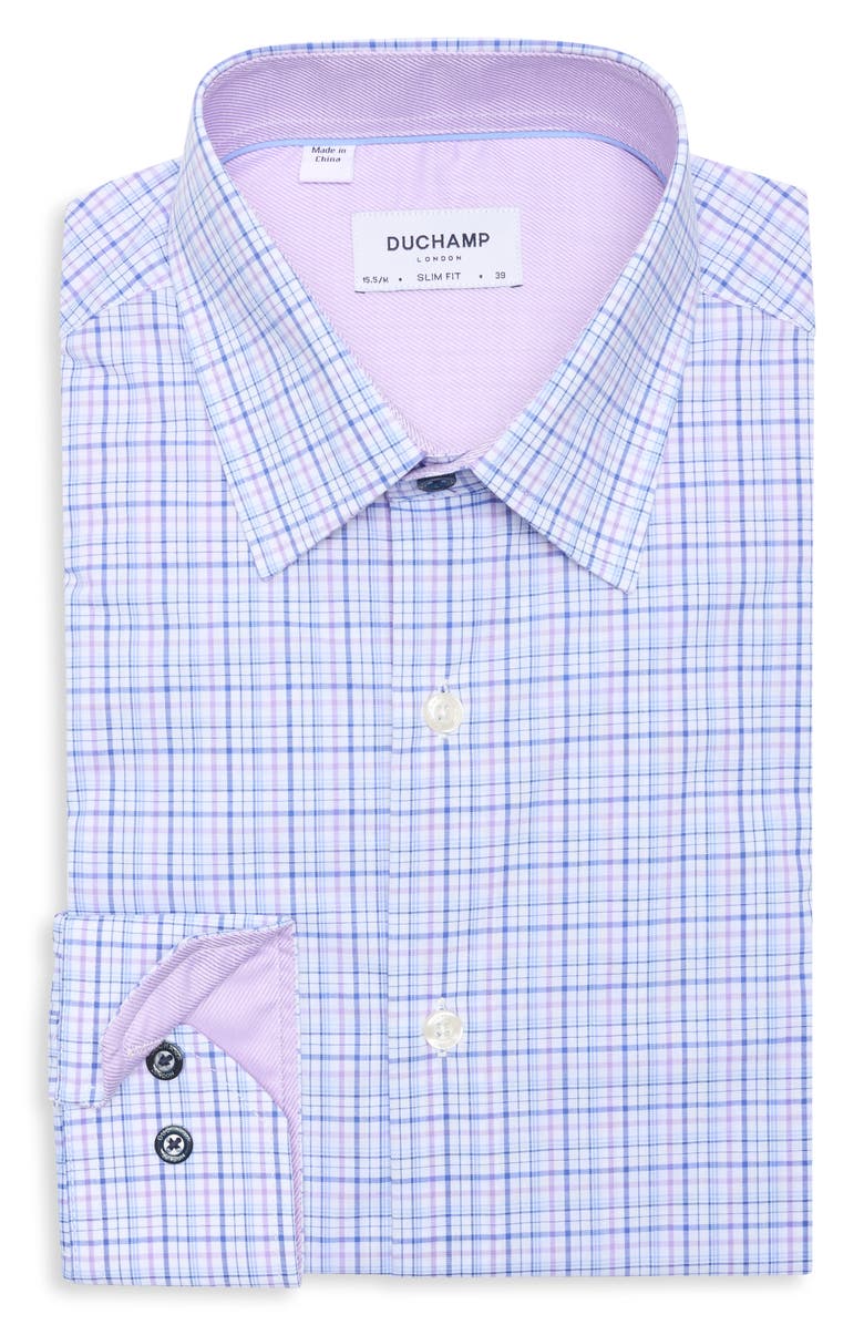 Duchamp Slim Fit Plaid Stretch Cotton Dress Shirt, Alternate, color, Purple