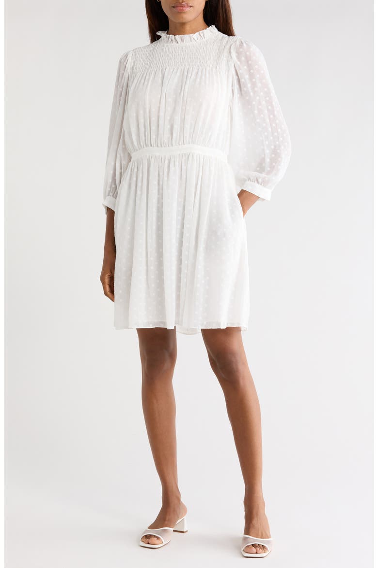 Long Sleeve Clip Dot Chiffon Dress, Main, color, SNOW