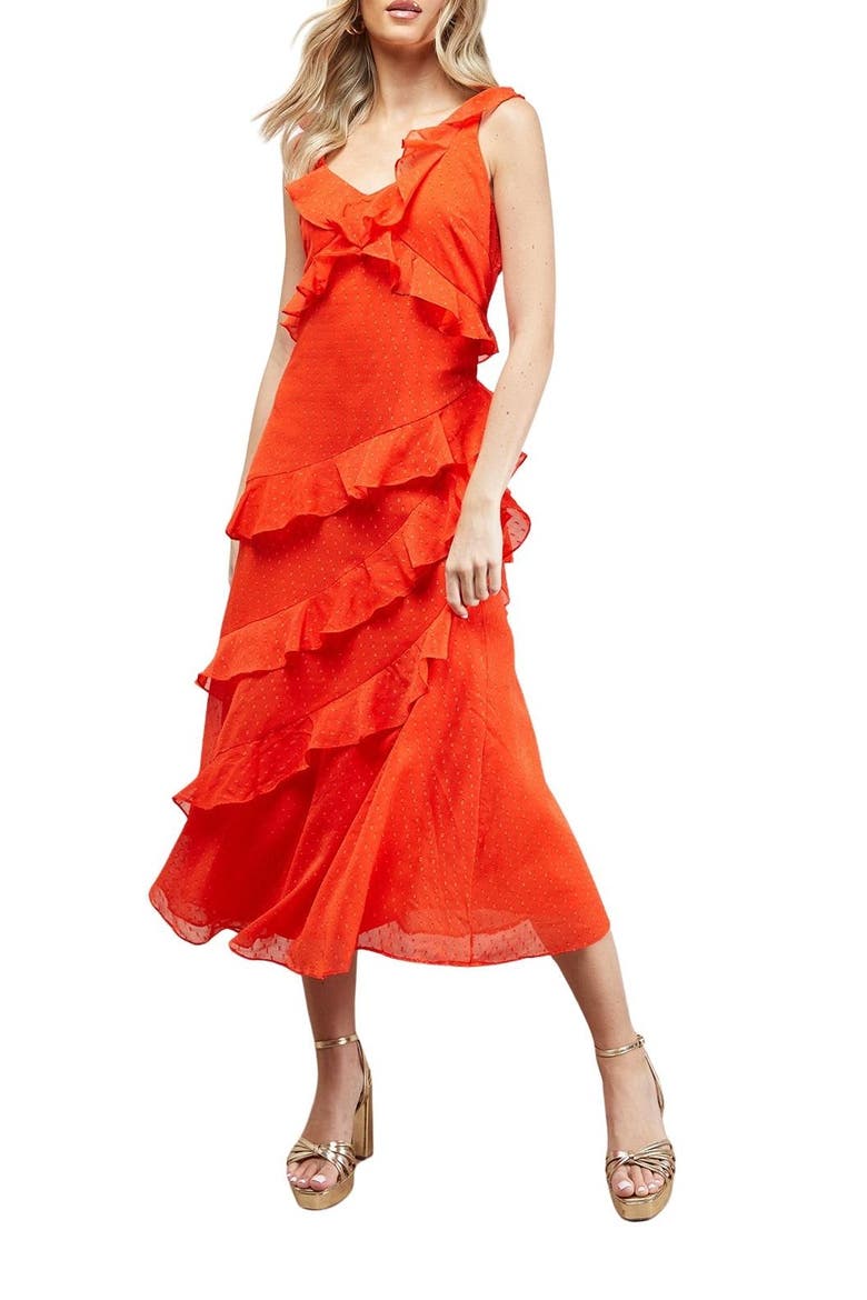 Dobby Ruffle V-Neck Tiered Midi Dress, Alternate, color, Orange