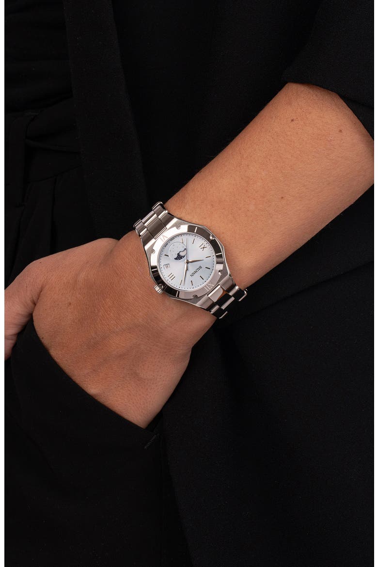 Be Balmain Moonphase Bracelet Watch, 33mm, Alternate, color, LIGHT BLUE STAINLESS STEEL