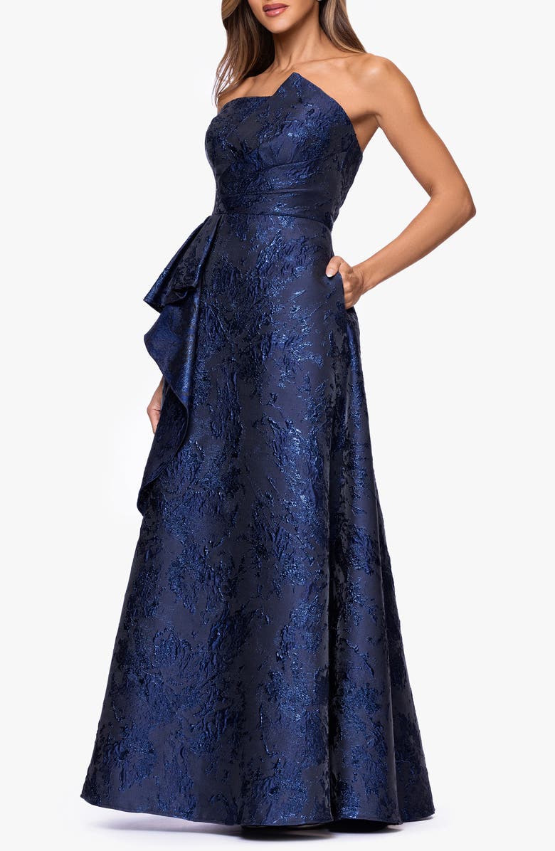 Xscape Evenings Metallic Brocade Asymmetric Strapless Gown, Alternate, color, Navy