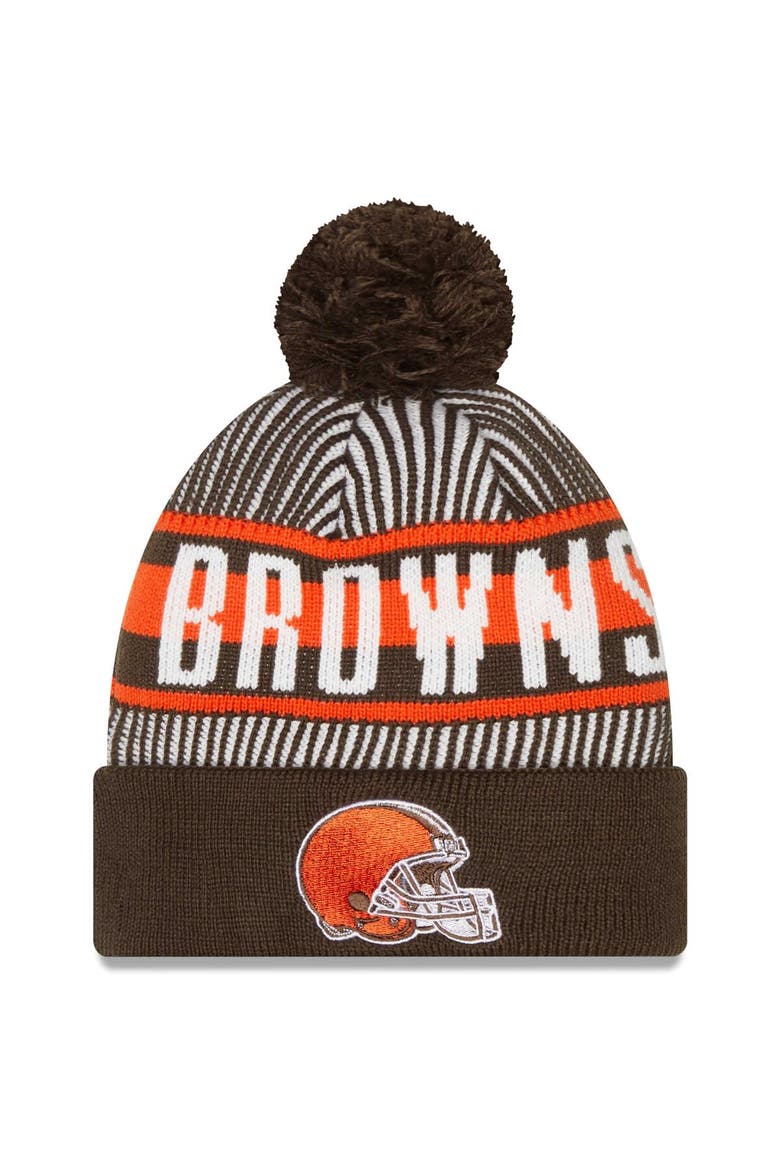 Men's New Era Brown Cleveland Browns Striped Cuffed Knit Hat with Pom, Main, color, Brown
