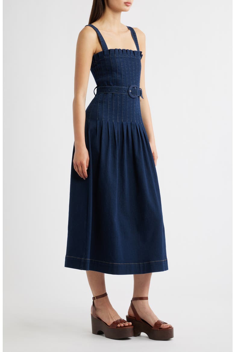 Pleated Belted Cotton Blend Denim Midi Dress, Alternate, color, INDIGO