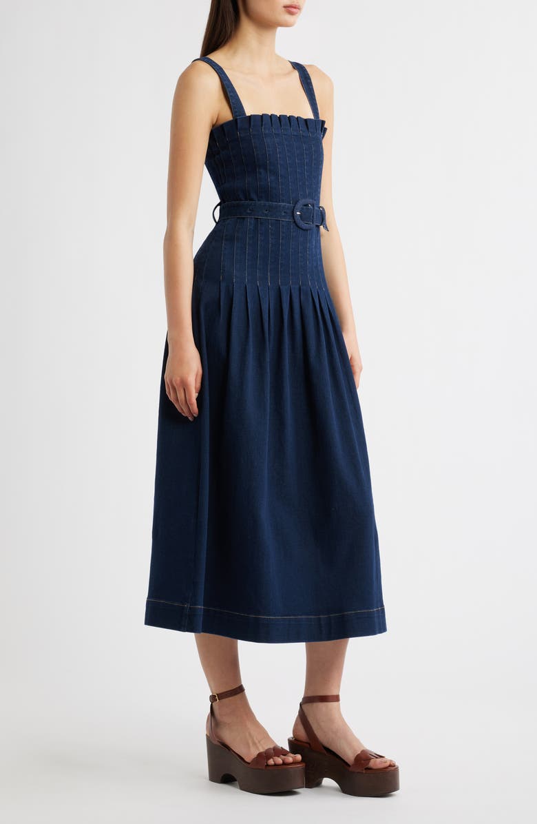 MOON RIVER Pleated Belted Cotton Blend Denim Midi Dress, Alternate, color, Indigo