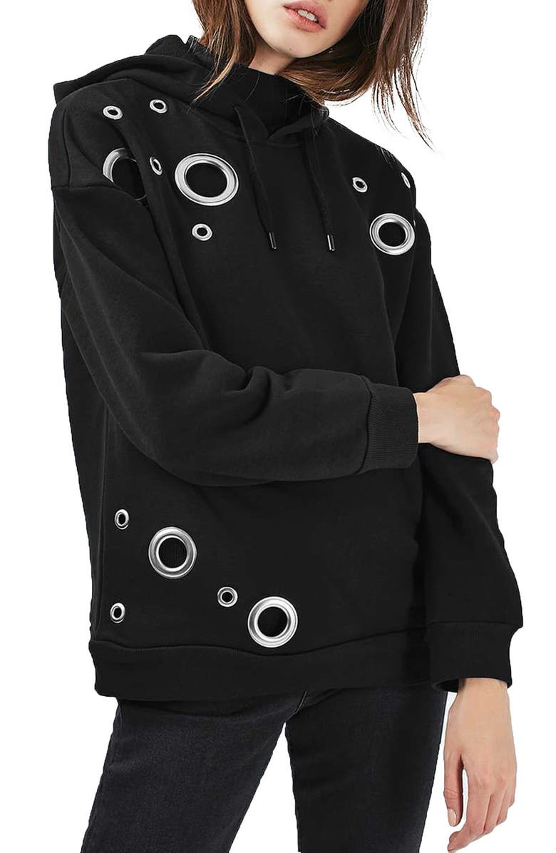 Topshop Grommet Oversize Hoodie, Main, color, 