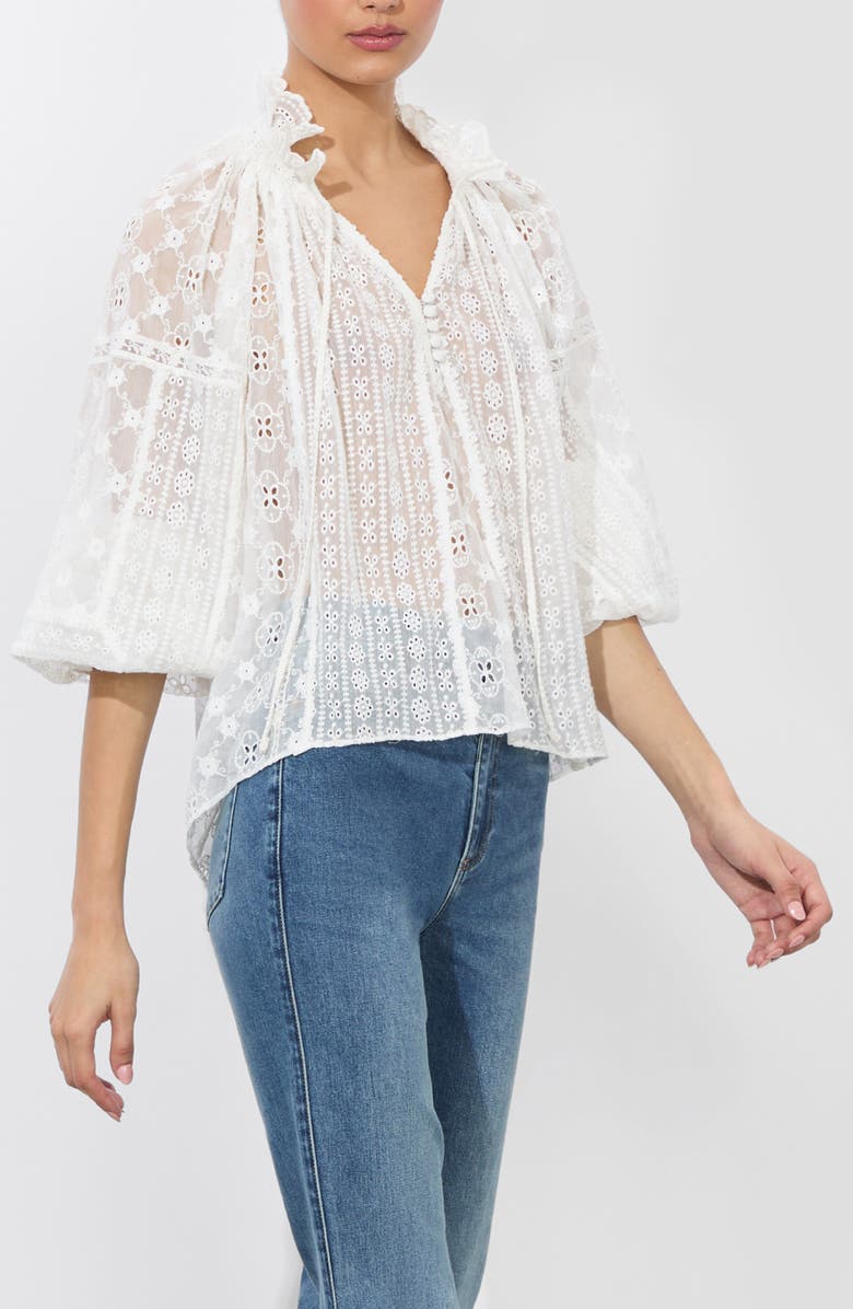 Alice + Olivia Norah Eyelet Embroidered Peasant Top, Alternate, color,