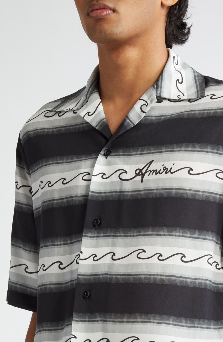AMIRI Wave Baja Stripe Camp Shirt, Alternate, color, Black