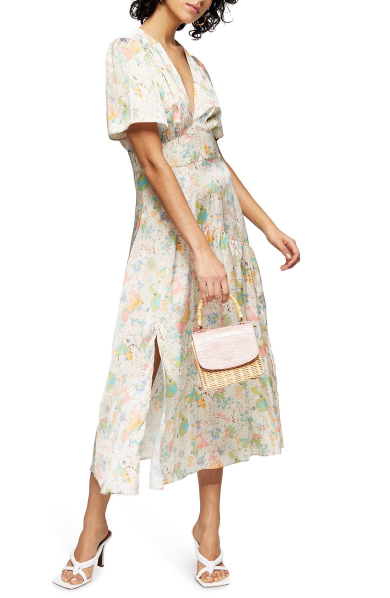 Topshop Willow Floral Angel Sleeve Satin Midi Dress, Alternate, color, 