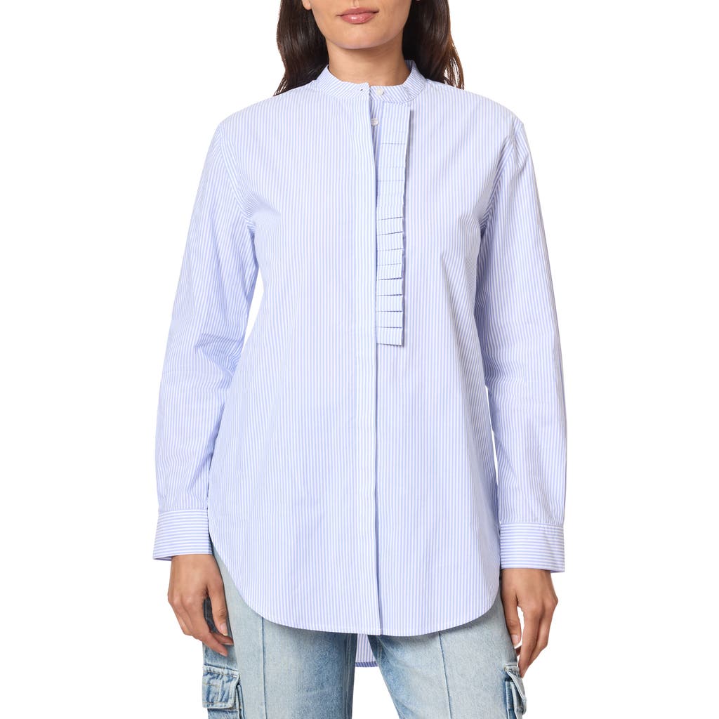 Scotch & Soda Ruffle Placket Oversize Button-up Shirt In Mystic Blue And White Stripes