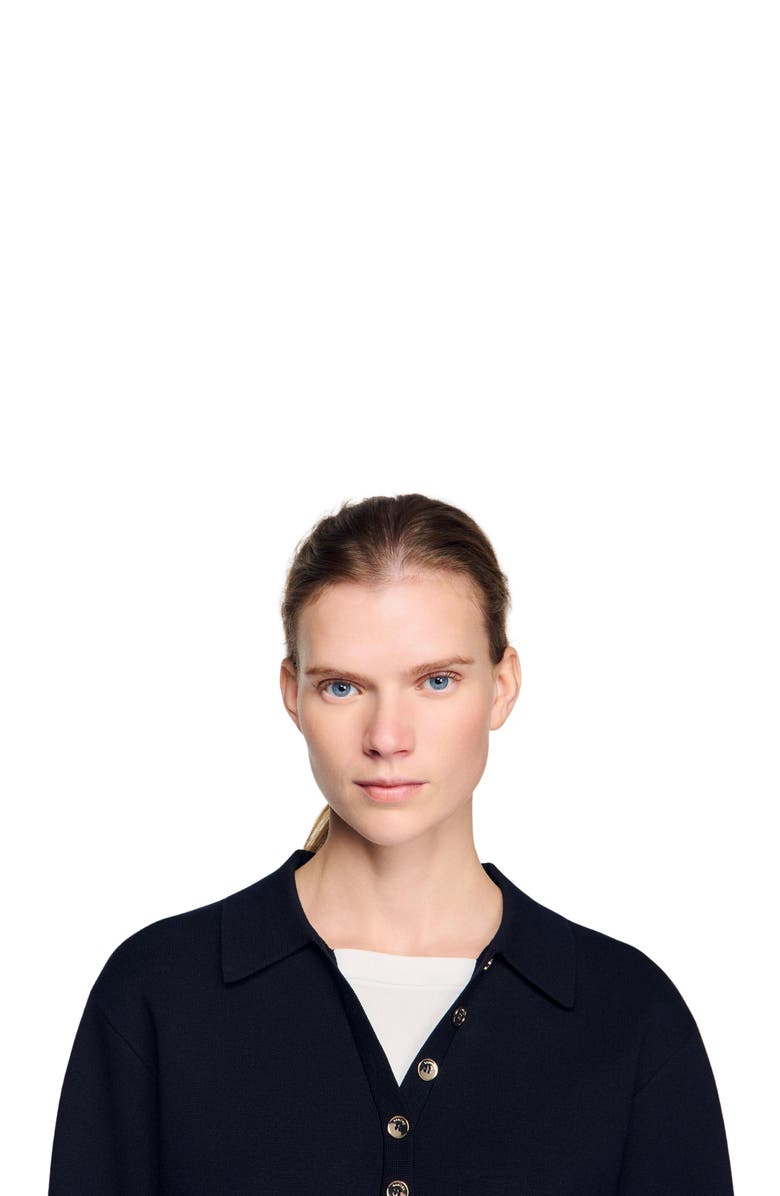 SANDRO Metal button layered collar sweater, Alternate, color, Navy Blue