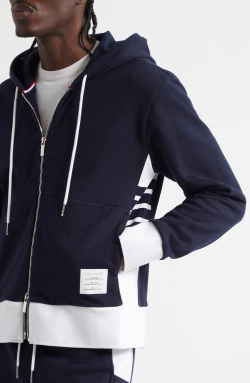 Thom Browne Zip Up Hoodie With Engineered 4 Bar In Color Blocked Solid In Blue